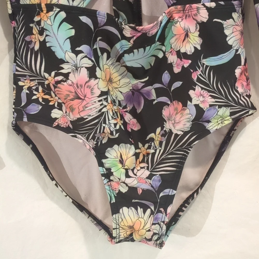 Art Class | Swimsuit Long Sleeve One Piece With Peek-a-boo Tummy Black | L